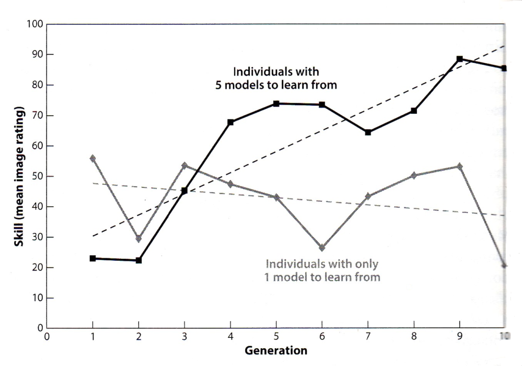 Effects of greater sociaity on change in skill. Muthukrishna & Henrich (Graph)